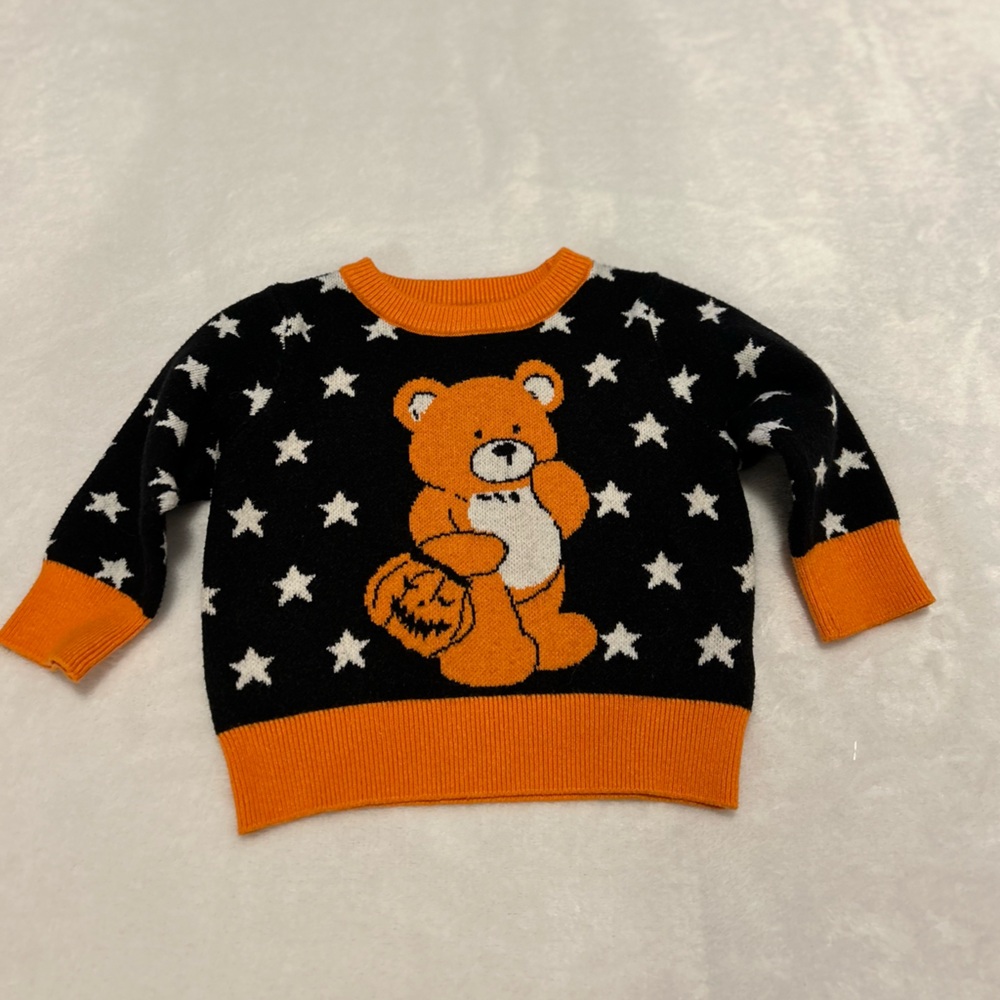 SHEIN Black and Orange Kids Sweater with Bear Motif